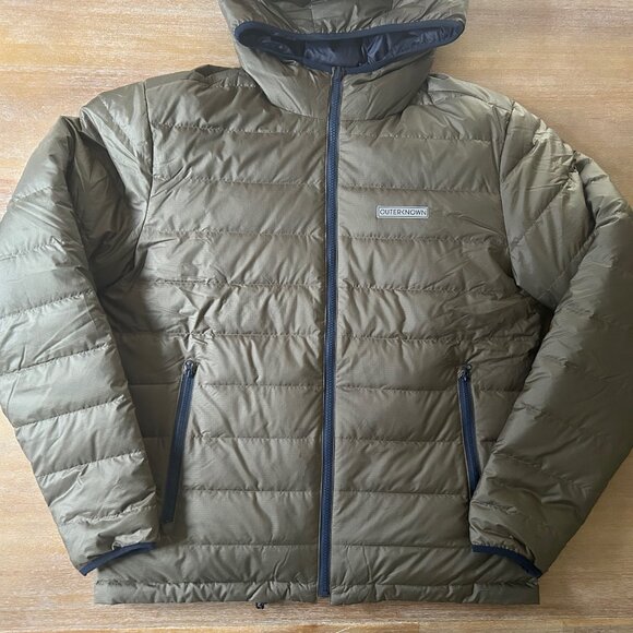 Pre-owned Outerknown Men's Hooded Puffer Jacket in "Safari" Green & Navy. Size L - Picture 1 of 13